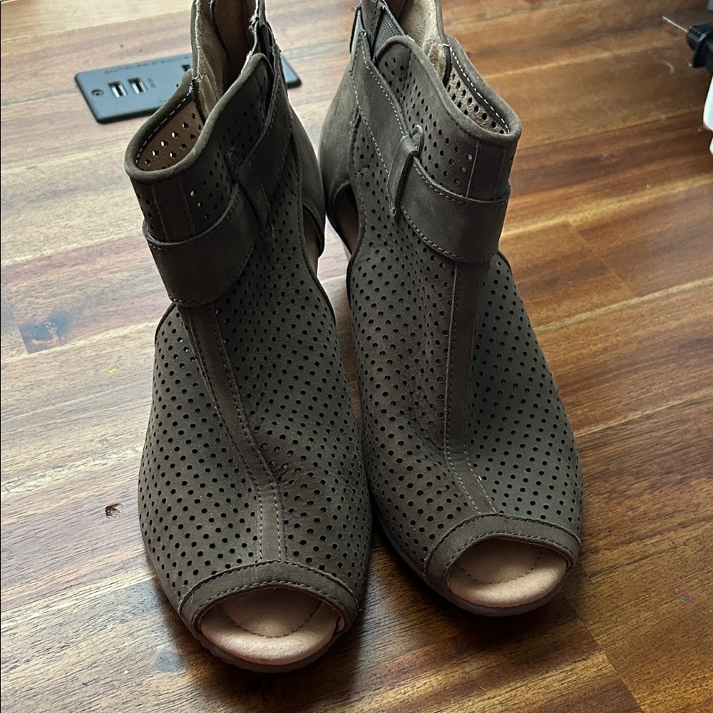 Earth Olive Peep-Toe Ankle Boots